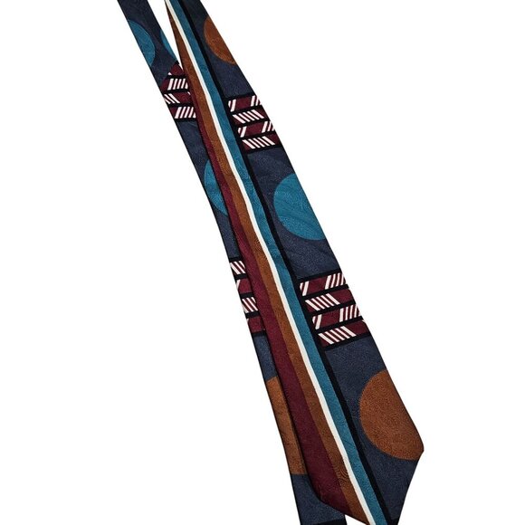 Halston III Men Retro Geometric Pattern Silk Tie Multicolor Burgundy Navy Orange - Picture 3 of 4